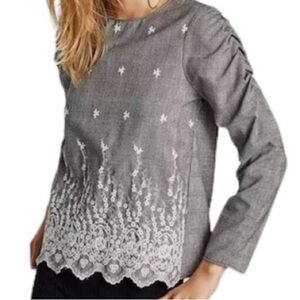 ZARA Dainty Floral Embroidered Gray checked puffy long sleeve blouse. Size XS